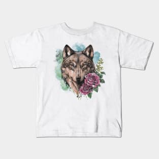 Colorful Wolf With Flowers | Vibrant Wildlife Art for Nature Lovers Kids T-Shirt